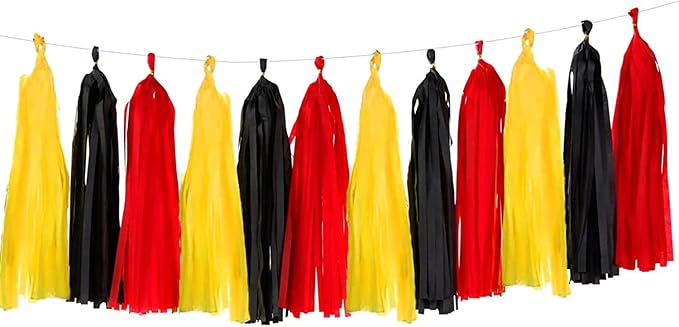 Shiny Tassel Garland Tissue Paper Tassel Banner,Table Decor,Tassels Party Decorations Supplies for Wedding,Birthday,Bridal/Baby Shower,DIY Kits,Pack of 15 - (Black Red and Yellow)