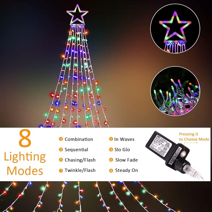 Outdoor Christmas Star String Lights, 320 LED 11.5 ft Waterfall Tree Lights with 8 Lighting Modes for Indoor/Outdoor Yard, Home, Festival, Party, Xmas, New Year Decor