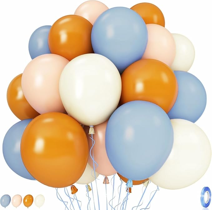Burnt Orange and Blue Fall Balloons, 12 Inch 35PCS Dusty Blue Orange Taupe Peach Balloon, Fall Balloons for Birthday Baby Shower First Fall Thanksgiving Autumn Harvest Market Themed Party Decorations