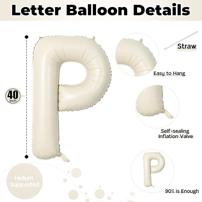 Giant Alphabet P Foil Name Balloons, Cream Ivory White Inflatable Word Balloons P Letters Birthday Decor, 40 Inch Mylar Beige A-Z Custom Letter Balloons for Girls Baby Shower Party Decoration Supplies