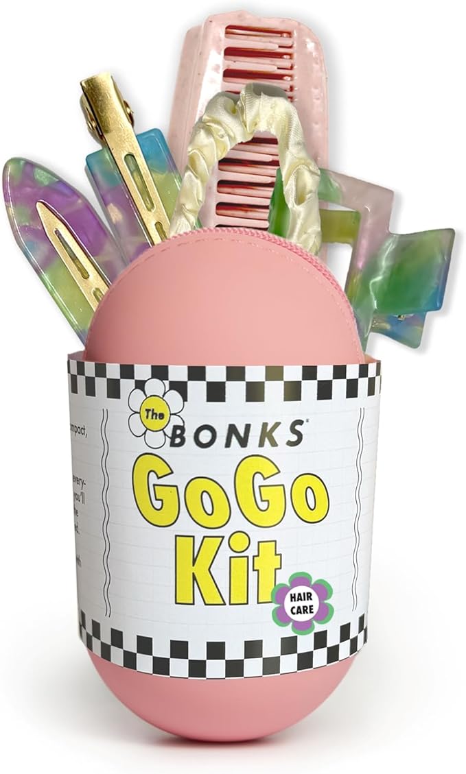 Bonks GoGo Kit - Hair Care Kit Mermaid - Portable Hair Accessories Pouch for Women & Teens - Includes Mini Claw Clip, Seamless Hair Pins, Silky Hair Tie & Folding Comb - Compact Travel Essential