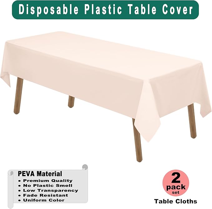 PARTY ULYJA Blush Pink Plastic Tablecloths 2 Pack 54 x 108 Inch Rectangular PEVA Vinyl Table Covers for Picnic Birthday Wedding Parties