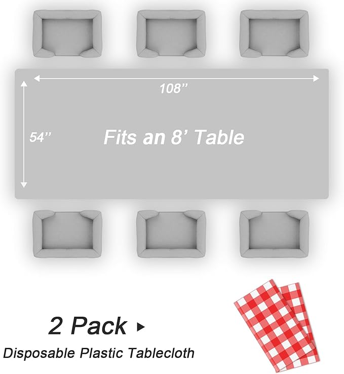 QIKSION Red Gingham Tablecloth Disposable 2 Pack, 54 x 108 Inch Red and White Checkered Table Cloth for Picnic, Outdoor BBQ Decorations, Birthday Party Supplies, Rectangle, Plastic Table Cover