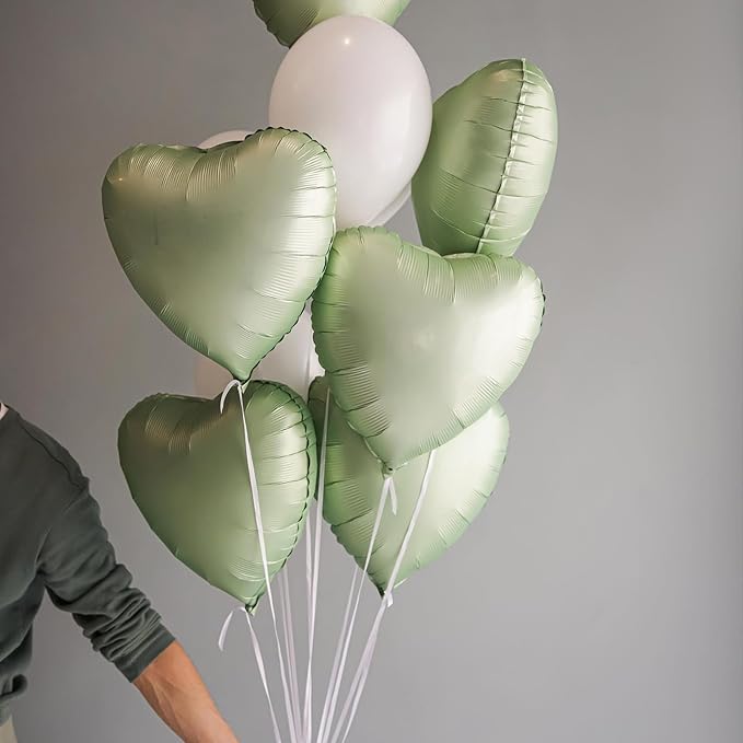 Sage Green White Heart Balloons,10Pcs Sand White Foil Heart Shaped Balloons,18Inch Olive Green Helium Balloon for Valentines,Engagement,Birthday,Baby Shower,Wedding Party Decorations