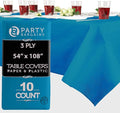PARTY BARGAINS Disposable Table Covers, 54 x 108 Inch, Blue, 3-Ply Paper & Plastic Spill-Resistant Party Tablecloths, 10 Pack