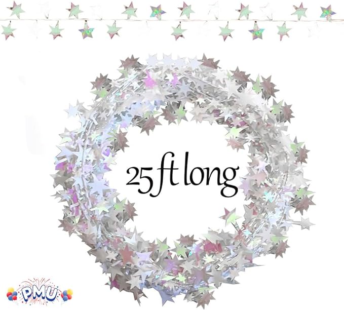 PMU 300 Ft Star Wire Shiny Garland White Iridescent - Halloween, Christmas Party, Wedding, Birthday, Festive Home Decoration Ornament White Iridescent (12pc-25Ft Each)