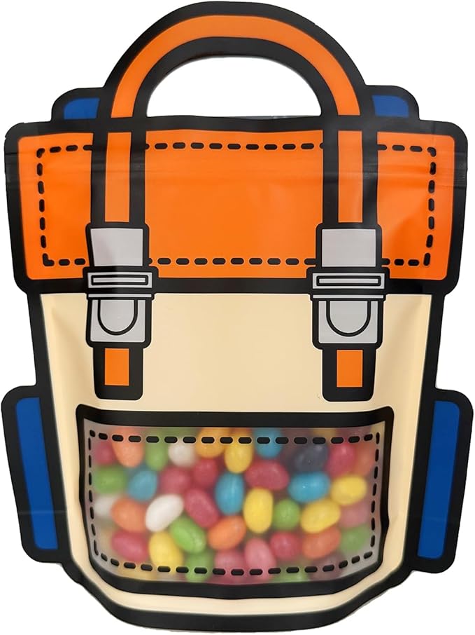 PABCK 20 Pack Plastic Gift Bags Cartoon Goodie Bags 9.45x11.02 inch Backpack-shaped Candy Snack Packaging Bag with Handle Resealable Treats Birthday Party Favor Stand Up (10 Purple and 10 Orange)