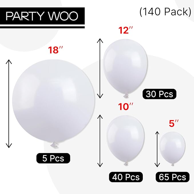PartyWoo White Balloons 140 pcs Different Sizes of 18 12 10 5 Inch White Balloons Arch Kit Garland for Wedding Baby Shower Birthday Bridal Shower Graduation Engagement Party Decorations White-Y13