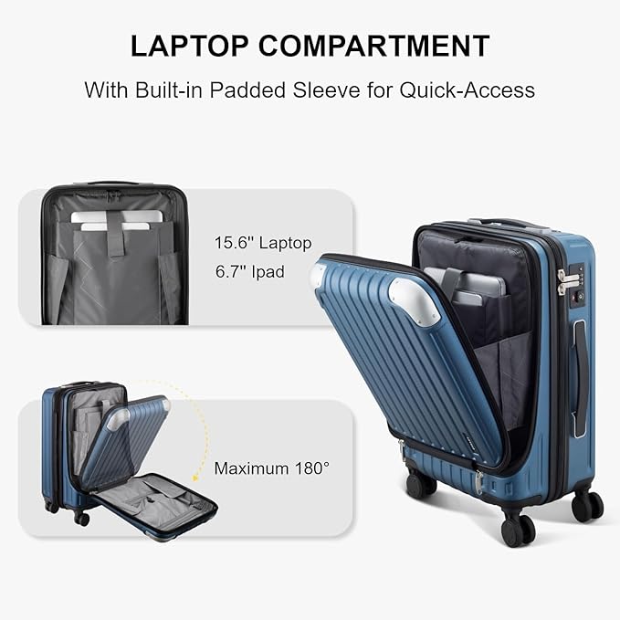 LEVEL8 Grace Carry on Luggage 22x14x9 Airline Approved, 20 Inch Hard Shell Suitcases with Spinner Wheels, Abs+Pc Hard Case Luggages with Tsa Lock for Airplane, Blue