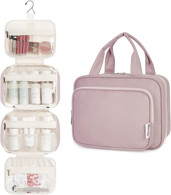 Narwey Hanging Toiletry Bag for Women Travel Makeup Bag Organizer Toiletries Bag for Travel Size Essentials Accessories Cosmetics (Dusty Rose (Medium))