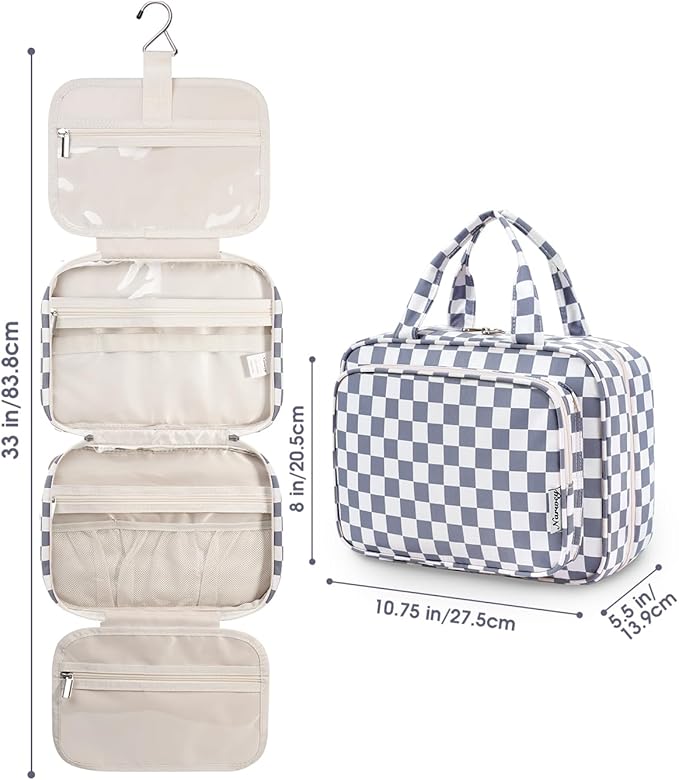 Narwey Hanging Toiletry Bag for Women Travel Makeup Bag Organizer Toiletries Bag for Travel Size Essentials Accessories Cosmetics (Grayish Blue Checkerboard (Medium))