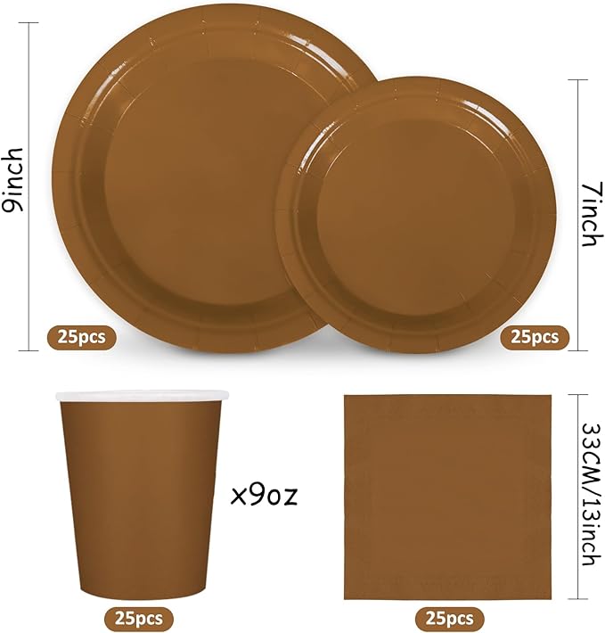 Whaline 100Pcs Brown Tableware Set Fall Disposable Dinnerware Set 50Pcs Paper Plates 25Pcs Napkin 25Pcs Cups for Wedding Birthday Bride Shower Party Supplies Table Decor