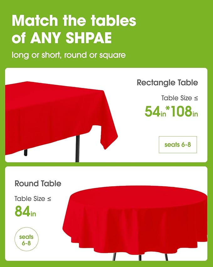 Pureegg Plastic Table Cloth Disposable 12 Pack, 54 x 108 Inch Table Cloths, Valentines Day, Thanksgiving, Christmas Decorations, Fall Tablecloths, Rectangle, Plastic Cover, Leakproof & Sturdy, Red