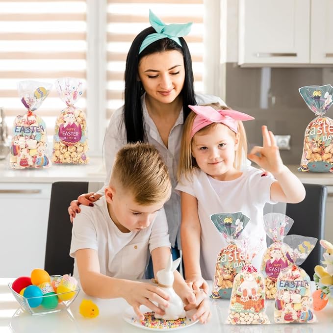 Easter Goodie Bags, 100 PCS Easter Cellophane Treat Bags, Easter Cookie Snack Candy Party Favor Ziplock Cookie Bags Holiday Candy Bags Easter Plastic Gift Bags for Gift Giving Easter Decorations