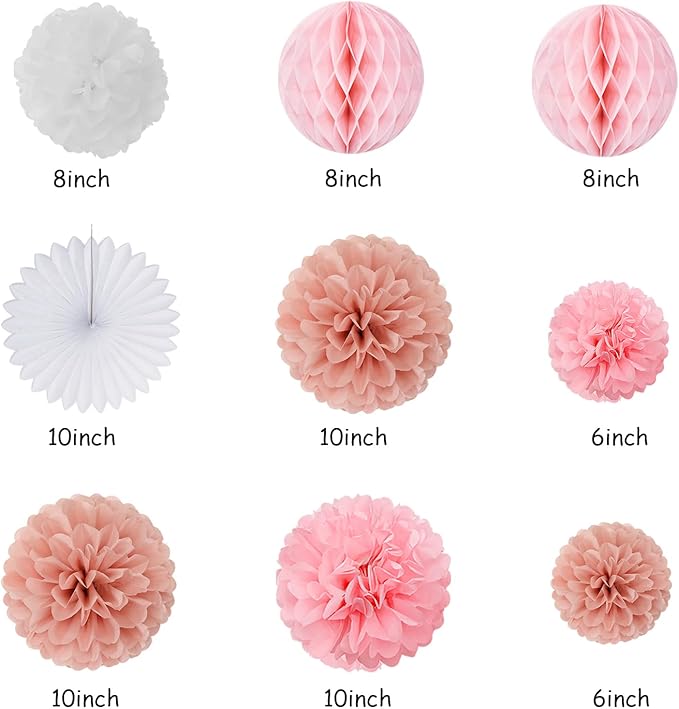 Light-Pink Rose-Gold Birthday Garland Party-Decorations - 14pcs Happy Banner Women Paper Flowers Lanterns Tissue Pom Poms,Streamers Fans Honeycomb Girls Adult Women Kids Hanging Supplies Decor Hugfond