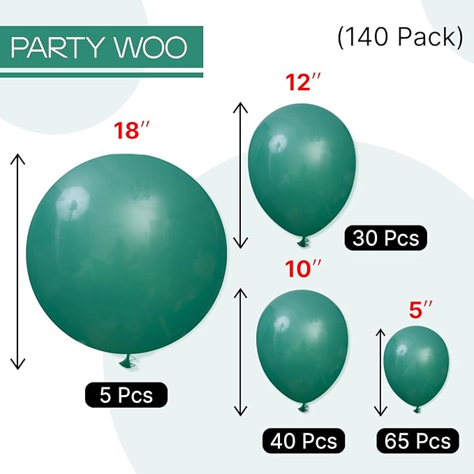 PartyWoo Dark Green Balloons 140pcs Different Sizes Pack of 18 12 10 5 Inch Emerald Hunter Forest Green Boho Neutral Balloon Arch Kit for Jungle Dinosaur Theme Birthday Party Decorations Green-F14