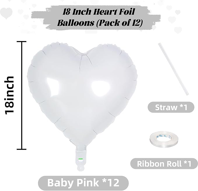 White Heart Foil Balloons, 18 Inch, 12Pcs Large Helium Balloons for Wedding, Birthday, Baby Shower, Bridal, Valentine, Graduation Party Decorations