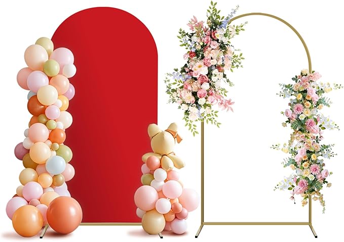 Arch Backdrop Stand and Cover Set, Metal Balloon Arch Backdrop 6ft, Gold Arched Stand Frame for Wedding, Parties,Birthday, Backdrop Decorations (Red,6ft)