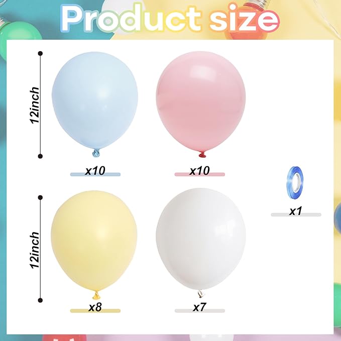 Pastel Balloons, 12 Inch 35PCS Light Pink Blue Yellow White Latex Balloon, Multicolor Balloon for Kids Graduation Easter Wedding Rainbow Party Birthday Bridal Baby Shower Party Decorations Supplies
