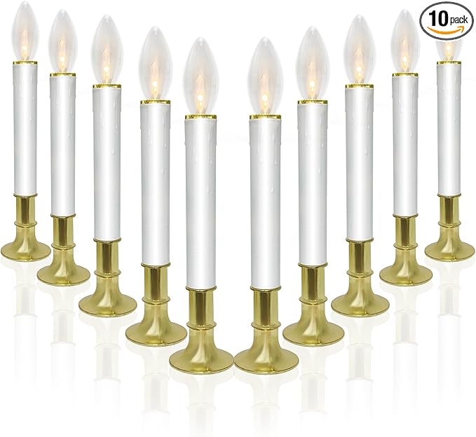 10 Pack Ultra-Bright LED Christmas Window Candles with Brass-Plated Base, Battery Operated Flameless Candles with LED C26 Warm White Bulbs Christmas Window Lights for Holiday Home Wedding Decorations