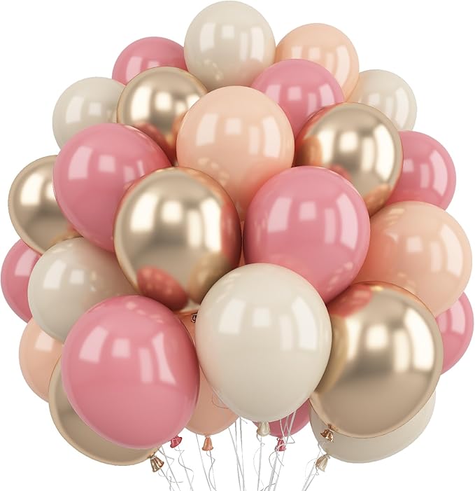 Retro Pink Beige Balloons Set, 12 Inch Dusty Pink Balloons Pink Gold Party Balloons Dark Gold Latex Balloons Boho Style Blush Pink Sand White Balloon for Baby Shower Girl Birthday Bridal Supplies