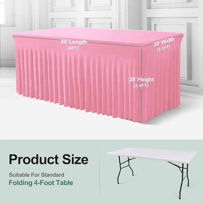 Table Skirt for 4 Foot Tables - One-Piece Pink Tablecloths and Skirt, Wrinkle Resistant Ruffles Elastic Cover for Banquets, Weddings, Events, Parties