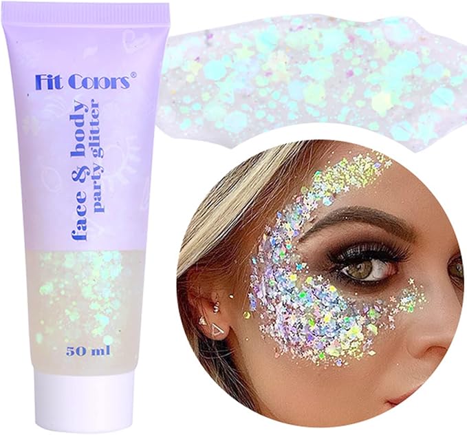 White Face Glitter Gel,Mermaid Body Glitter,Festival Rave Carnival Halloween Hair Sequins Face Glitter Paint Makeup,St Patricks Day Accessories,Sparkling Chunky for Women&Kids,50ML