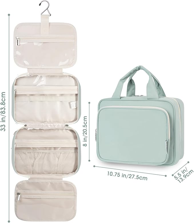 Narwey Hanging Toiletry Bag for Women Travel Makeup Bag Organizer Toiletries Bag for Travel Size Essentials Accessories Cosmetics (Mint Green (Medium))
