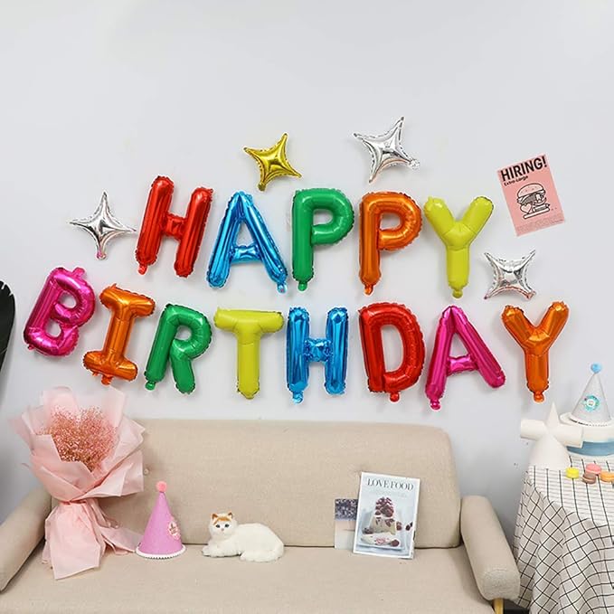 KALOR Rainbow Happy Birthday Balloons Banner,16 Inch Mylar Foil Letters Sign,Reusable Balloons for 30th 40th 50th 60th Birthday Party Decorations