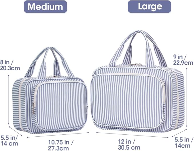 Narwey Striped Travel Toiletry Bag for Women Large Hanging Makeup Bag Organizer Toiletries Bag for Full Size Essentials Accessories Cosmetics (Greyish Blue Stripe (Large))