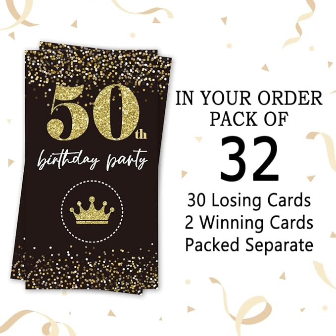 REWIDPARTY Black Gold 50th Birthday Party Scratch Off Game Cards（32 PCS） Cheers to 50 Years Party Supplies Happy 50th Birthday Party Scratch Cards Activity for Birthday Raffle Tickets Kids Adults