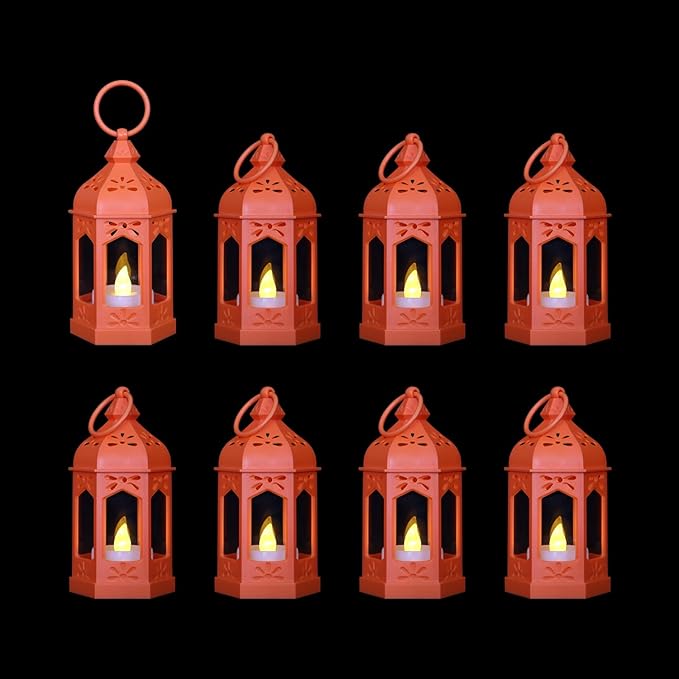 8 Pcs Mini Lantern with Flickering LED Candles, LLQ Orange Vintage Decorative Hanging Candle Lanterns for Halloween, Christmas, Wedding Decorations, Party, Table Centerpiece, Battery Included