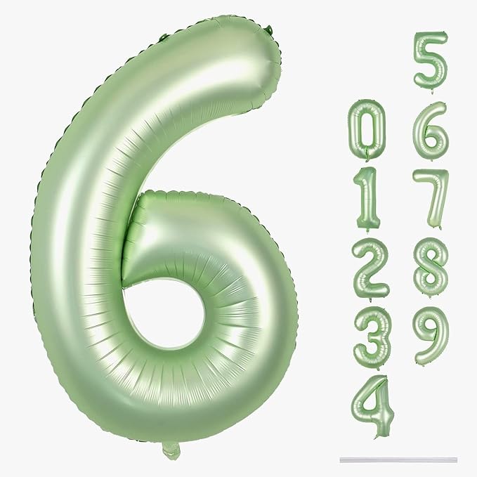 Sage Green Number 6 Balloons, 40 In Large Olive Green Number 6 Foil Helium Balloons for Girls Women, Self Inflating Number Balloons 0-9 for Men Boys 6th 16th Birthday Jungle Safari Party Decoration