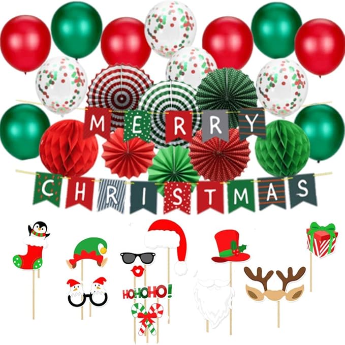 Christmas Party Decorations Kit - Set Includes Merry Christmas Banner Paper Fans Honeycomb Balls Xmas Photo Booth Props Confetti Balloons Red Green Latex Balloons String for Indoors Office Home Decors