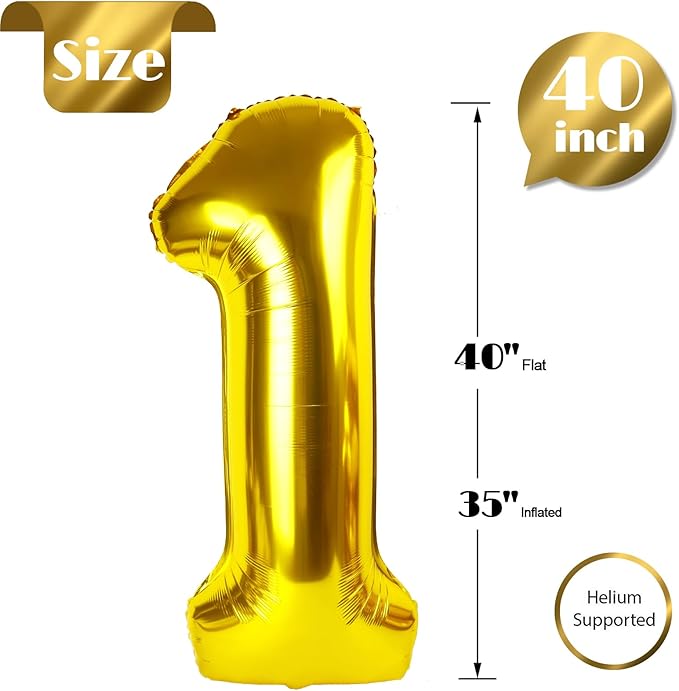 Gold Number 1 Balloon 40 Inch, 1st Birthday Balloon for Baby Boy Girl Toddler First Birthday Decorations, Shiny Gold Party Supplies
