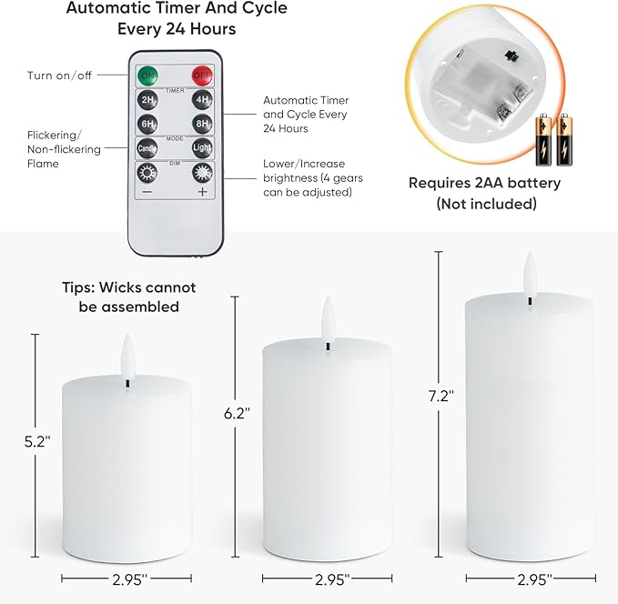 Homemory White Flameless Candles Φ 3" H456 Battery Operated with Remote Timer, Real Wax LED Pillar Candle for Home Fireplace Bedroom Living Room, Set of 3