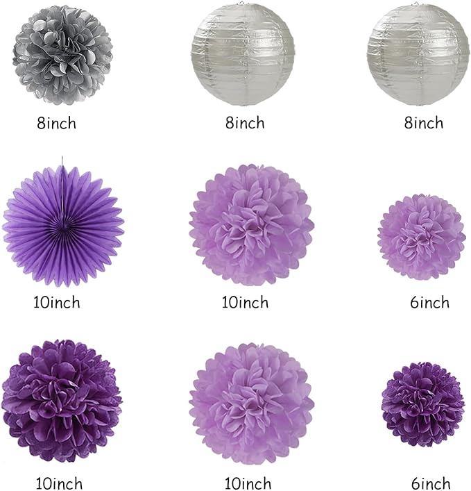 Purple Silver Birthday Party-Decorations Paper-Flowers - 14pcs Happy Banner Lavender Lanterns Tissue Pom Poms,Lilac Streamers Garland Fans,Women Girls Adult Kids Office Hanging Supplies Decor Hugfond