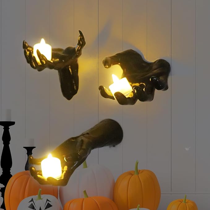 Halloween Decorations, 3 Pack Wall Mounted Creepy Reaching Hands with LED Candles, Life-Sized Horror Wall Hands for Gothic Wall Decor Outdoor/Indoor (Style 2)