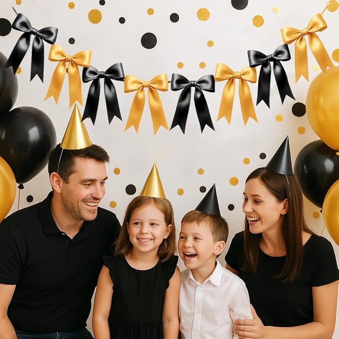 1 String of 8PCS Black&Gold Bow Garland Banner Decoration,Pre-Strung Satin Ribbon Ornaments for Birthday,Bachelorette Party,Bridal Shower,Wedding,Engagement,Baby Shower,Graduation Decor,Anniversary