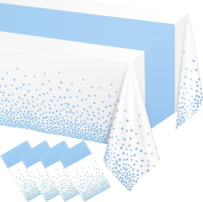 WNINK 4 Pack White and Light Blue Tablecloths, Light Blue Disposable Plastic Waterproof Table Cover, 54" x 108", for Birthday, Baby Shower，Wedding, Bridal Shower, Picnic Camping Parties