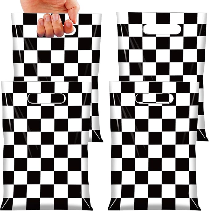 50 Pcs Black and White Checkered Race Car Party Favor Bags, Plastic Black and White Car Goodie Treat Bags, Racecar Buffalo Plaid Candy Gift Bags for Kids Fast Race Car Birthday Party Decorations