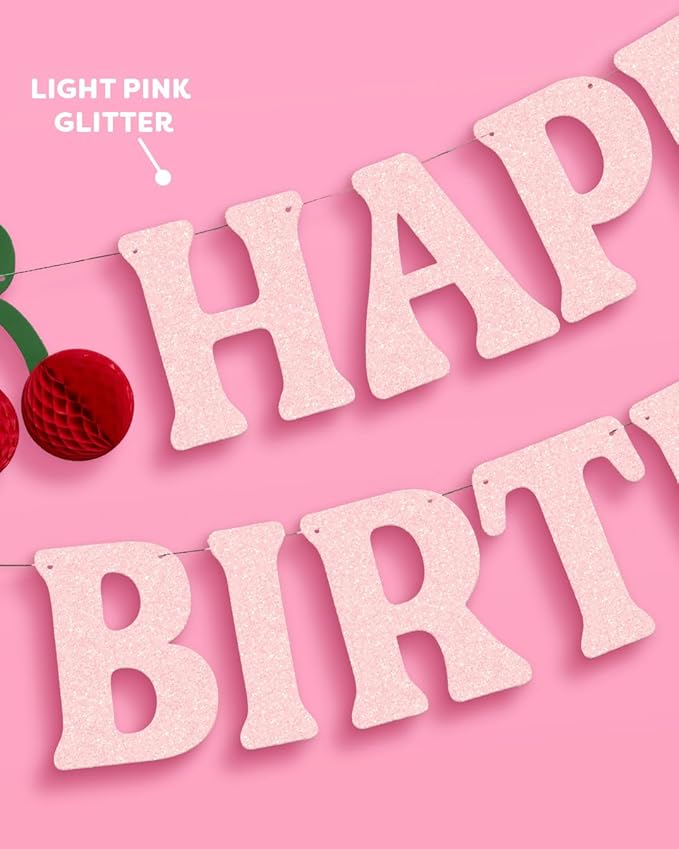 xo, Fetti Happy Birthday Cherry Banner - Pink Glitter, 6.5 Ft. | 3D Cherry Garland, Bday Decoration, Accordion Party Sign, Pop Up Photoshoot Backdrop