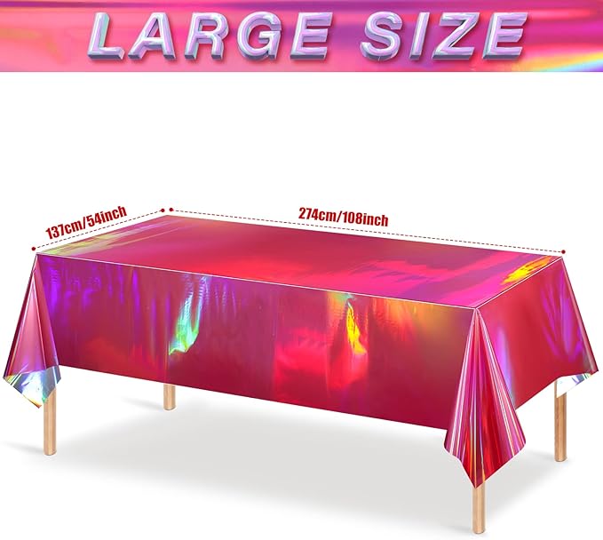 4 Pack Hot Pink Iridescence Plastic Tablecloths Shiny Disposable Laser Rectangle Table Covers Holographic Foil Tablecloth Iridescent Party Decorations Birthday Bridal Wedding Christmas, 54 x 108 Inch