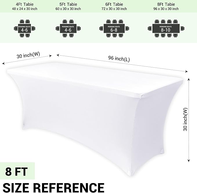 Obstal 8Ft Stretch White Spandex Table Cover for Standard Folding Tables - 2 Pack Universal Rectangular Fitted Tablecloth for Party, Banquet, Events, Trade Show (White, 96L x 30W x 30H Inches)