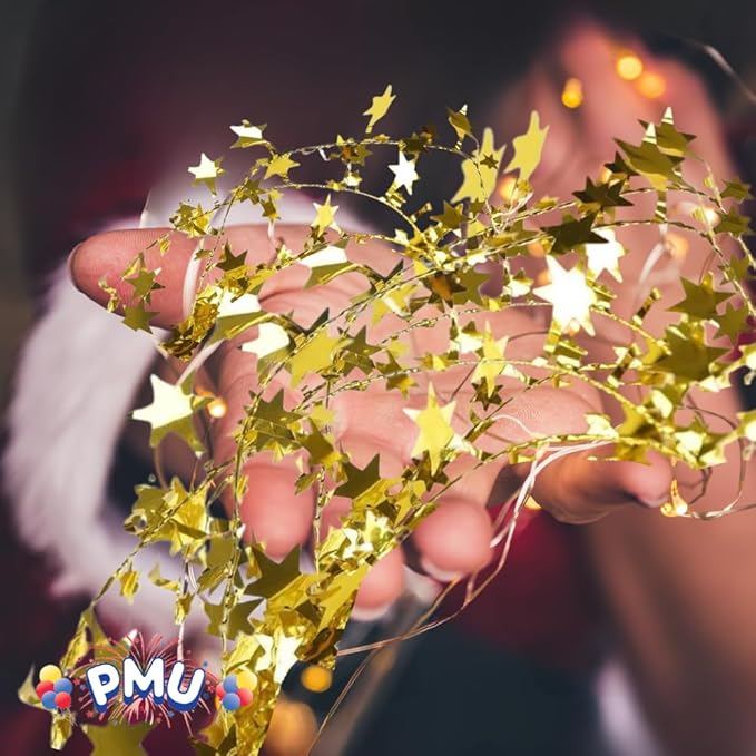 PMU 300 Ft Star Wire Shiny Garland Gold - Halloween, Christmas Party, Wedding, Birthday, Festive Home Decoration Ornament Gold (12pc-25Ft Each)