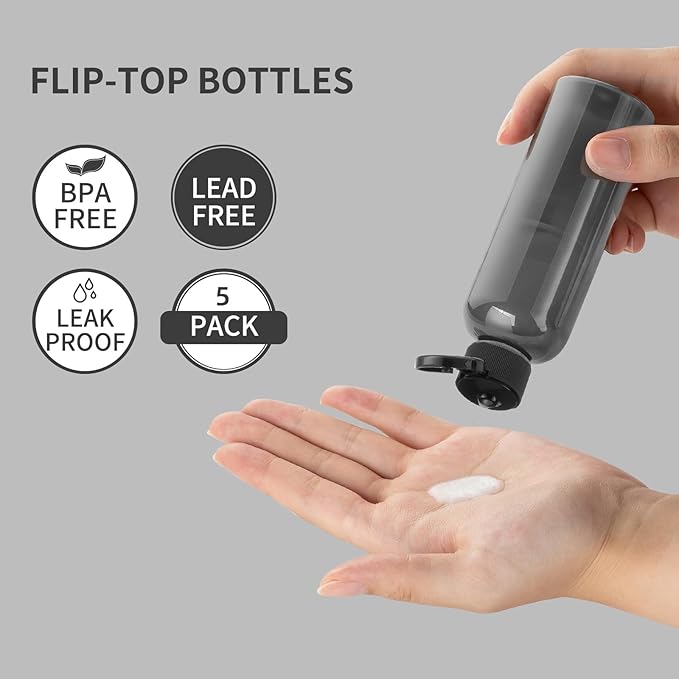LISAPACK 3.4 oz Travel Bottles for Toiletries, Plastic Travel Size Containers for Shampoo Conditioner TSA Approved, Empty Small Squeeze for Lotion, Leak Proof Mini Liquid Tube for Refillable Black
