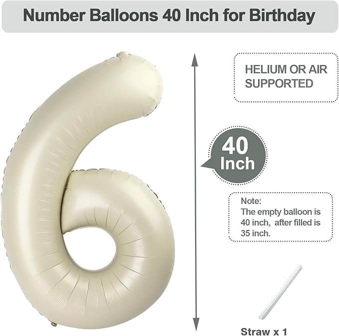 6 Balloon Numbers, 40 Inch Foil Big Balloon for Men And Women, Cream Balloons for 6, 16, 26, 60, 2026 Graduation, Birthday, Wedding Anniversary, Xmas, Thanksgiving Day, Party Supplies