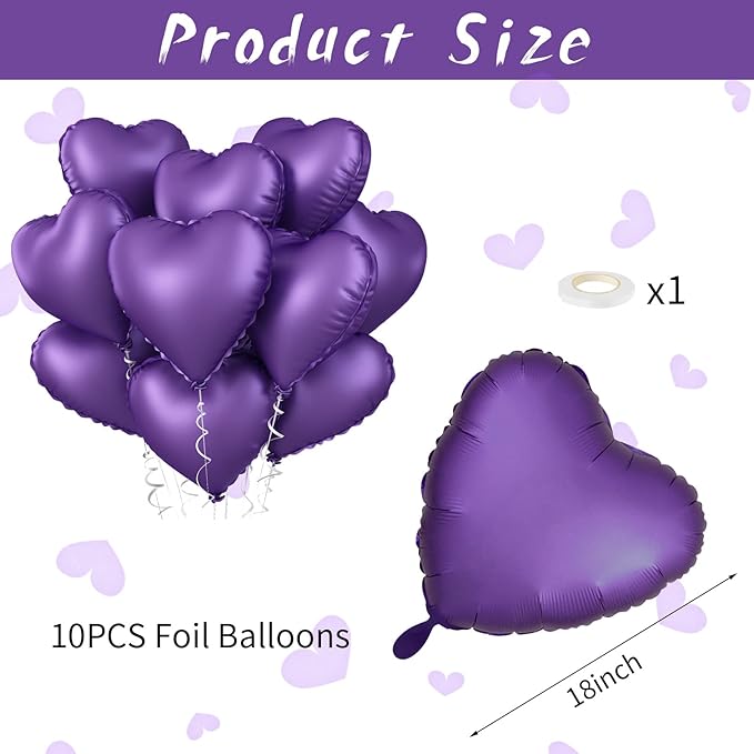 Purple Heart Balloon, 10PCS Purple Foil Heart Balloons, 18inch Metallic Purple Heart Shape Foil Balloons for Helium Birthday Party Decorations for Brithday Party, Valentines Day, Wedding, Anniversary