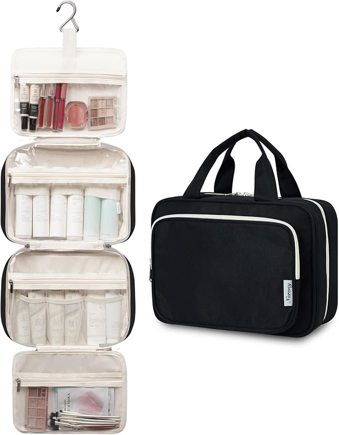 Narwey Travel Toiletry Bag for Women Large Hanging Makeup Bag Organizer Toiletries Bag for Full Size Essentials Accessories Cosmetics (Black (Large))