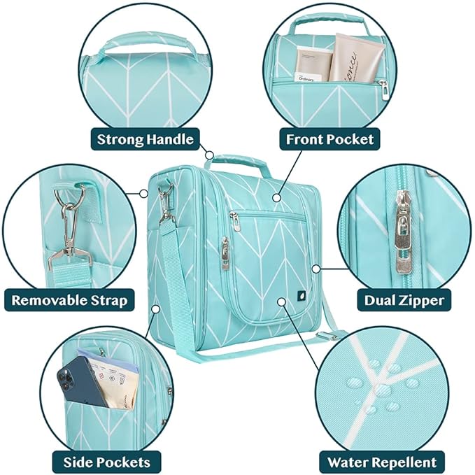 PAVILIA Extra Large Toiletry Bag Travel Bag for Women Men, Hanging Cosmetic Organizer, Water Resistant Makeup Bag for Accessories Toiletries, Travel Essentials Kit (Teal Chevron)